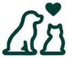 Dark green logo of a dog and cat with a heart representing # of families supported